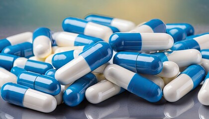 pile of blue and white capsules