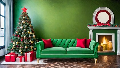 empty solid colored wall in a christmas decorated living room christmas tree sofa and gifts boxes ai generated illustration