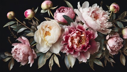 vintage bouquet of beautiful peonies on black floristic decoration floral background baroque old fashiones style natural flowers pattern wallpaper or greeting card - obrazy, fototapety, plakaty