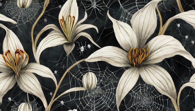 seamless mystical pattern gloomy wallpaper with luxurious white lilies spiders cobwebs lilies eyes horror dark background for halloween vintage hand drawn horror illustration