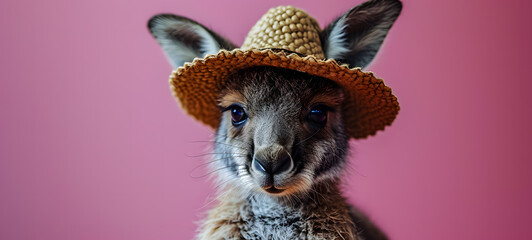Portrait of a cute baby kangaroo wearing a straw hat - obrazy, fototapety, plakaty