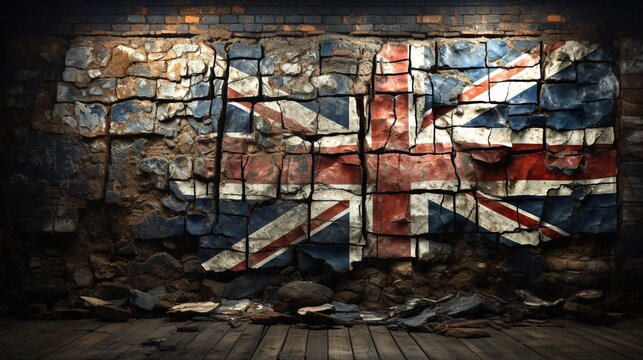 The flag of England on a broken old wall.