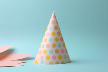 Birthday party hat with placeholder on pastel background. Generative AI