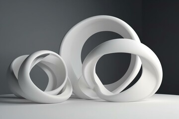 Curved shapes on white circular background in a 3D rendering. Generative AI