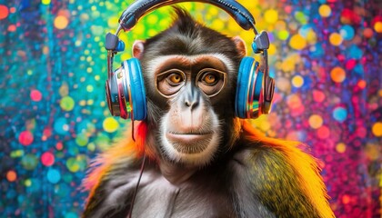 portrait of a party monkey ape with headphones on a colorful abstract background generative ai