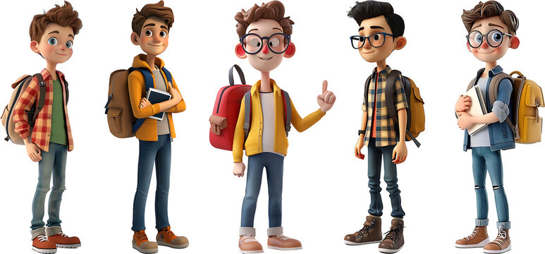 Young boy with school bag, stylized cartoon character, school kid 3d rendering.