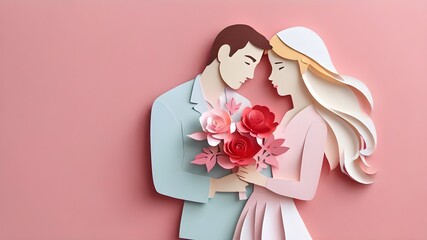 couple in the middle of flower ,valentine's day festival .Vector illustration.paper craft style.Valentine's Day concept
