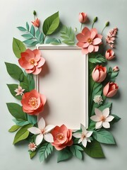 frame with flowers and butterflies,frame,Paper art flowers background,  Floral rectangle frame with place for text. Spring paper cut frame with flower ,on white background - obrazy, fototapety, plakaty