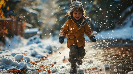 A joyful and happy boy is laughing while having fun a trip outdoor activity in winter snow season holiday Ice skating over frozen lake