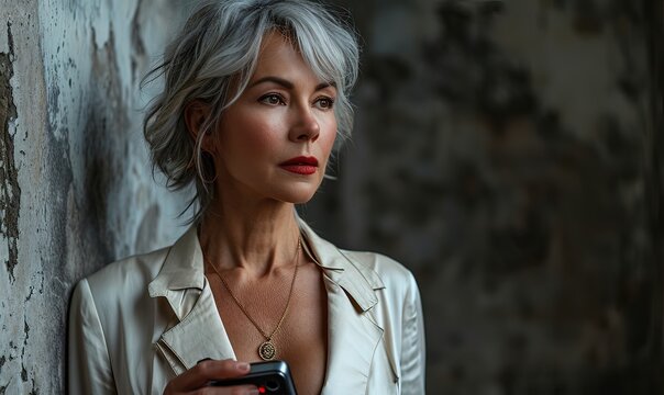 A half-body photograph of a stylish 50-year-old female photographer with silver-white hair, skillfully holding a professional camera. She is wearing a tailored suit against a gray background