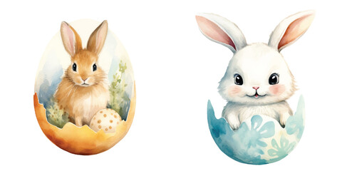 cute bunny easter egg watercolor vector illustration - obrazy, fototapety, plakaty