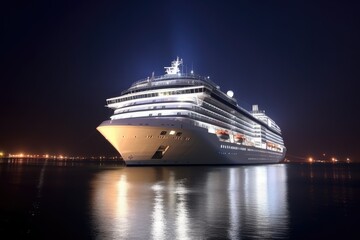 Obraz premium White Cruise Ship in Sea, Large Ocean Liner, Cruise Boat, Voyage Trip Symbol