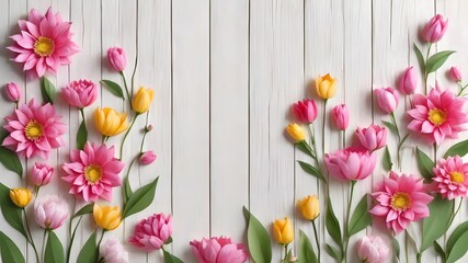 pink tulips on wooden background,spring flowers on white wooden background