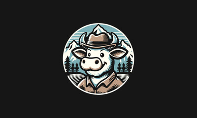 head cow wearing hat on mountain vector mascot design