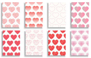 Collection of romantic posters, greeting cards, invitations, banners, covers, flyers with hearts prints and patterns. 14th February postcards - stylish cute geometric design