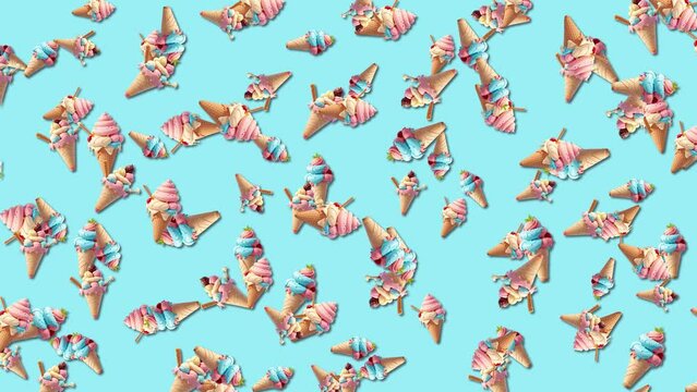 Cone Ice Cram Pattern Animation. Cartoon Ice Cream Animation On Blue Background. Animation Of Realistic Ice Pattern And Ice Cream Are Rotating On Soft Blue Background 