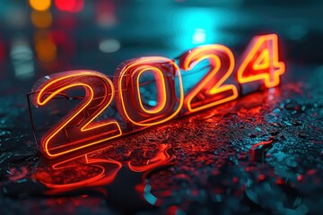 2024 en n&eacute;on de mani&egrave;re futuriste