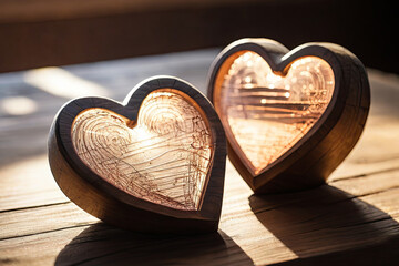 Wooden heart duo Rustic love symbol, perfect for romantic themes, crafts, and heartfelt designs.
