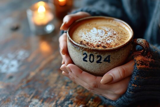 Femme Qui Tien Dans Ces Mains Une Tasse Rustique Avec Incrusté Le Chiffre 2024