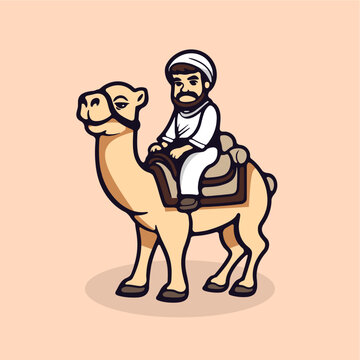 cute moslem people riding camel icon vector