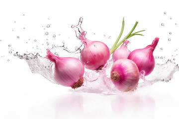 Fresh white red onion isolated on white. Red whole onion with drops. Full depth of field.