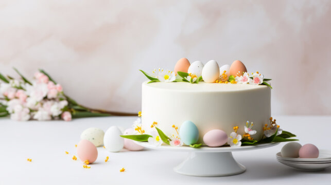 White cake decorated with chocolate Easter eggs and spring flowers banner