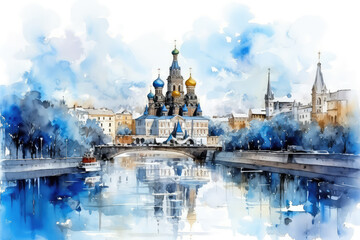 oil painting on canvas, Russia. Artwork. Big ben. a boat in the river. Building. famous travel. Bridge and river
