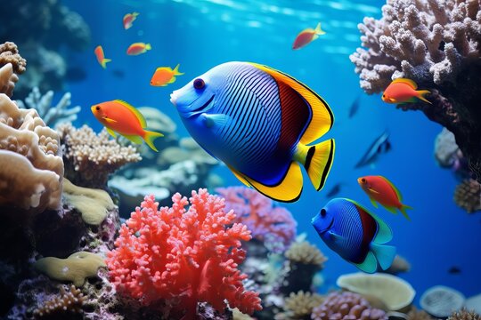 Coral reef fishes in sea
