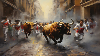 oil painting on canvas, Bulls and people running on the street in the festival of San Fermin. Bulls of Eduardo Miura in the eighth and last running of the bulls of the festival of San Fermin. Spain. - obrazy, fototapety, plakaty