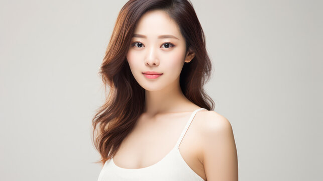 Classic Beauty, Asian Woman in White Tank Top, 30 Years Old, Against a Simple White Backdrop.