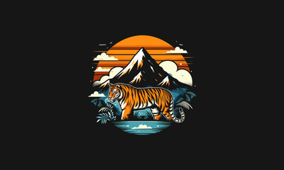 tiger on sea and mountain vector flat design