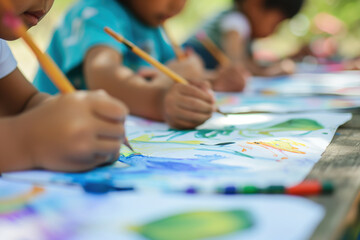 Naklejka premium Art in nature: diversity and creativity at a summer camp for children of different origins.