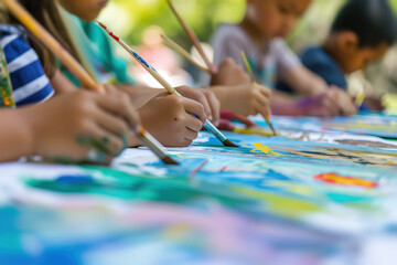 A diverse group of multiracial children exploring their creativity in a painting activity at a summer camp in a natural setting.