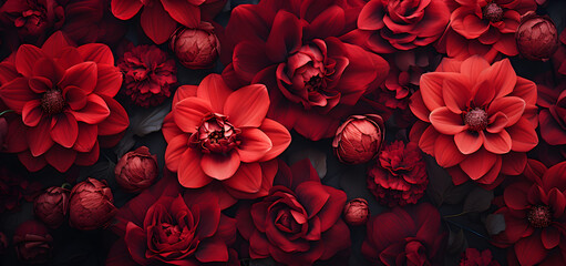 A close-up of beautiful red flowers blooming in flowerbeds against a dark, moody floral background, creating a photorealistic effect, - 697663530