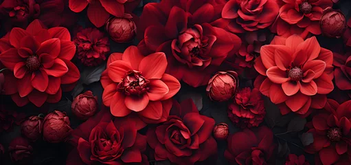 Fotobehang A close-up of beautiful red flowers blooming in flowerbeds against a dark, moody floral background, creating a photorealistic effect, © Jhon