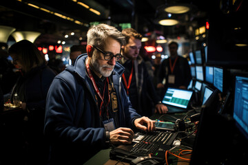 A focused man operating technical equipment in a control room during a live event, surrounded by screens and technology.
