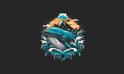whale on sea and mountain vector artwork design - obrazy, fototapety, plakaty