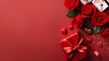 copy space, stockphoto, Valentine's day greeting card with gift box, hearts chocolate sweets and red roses on red background,topview. Beautiful background or for valentine’s day. Beautiful background 