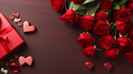 Fototapeta na wymiar copy space, stockphoto, Valentine's day greeting card with gift box, hearts chocolate sweets and red roses on red background,topview. Beautiful background or for valentine’s day. Beautiful background 