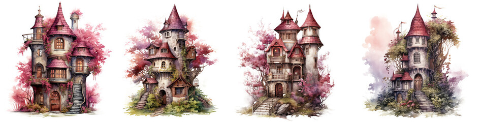 fairytale garden tower house, little castle tower watercolor collection isolated on transparent background - obrazy, fototapety, plakaty