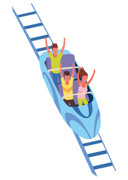 Roller coaster happy people. Rollercoaster. Friends riding in amusement park have fun positive emotion, park attractions. Young people having fun and enjoyment, cartoon  illustration