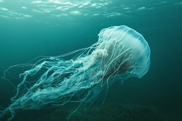 a jellyfish, soft blue-green, polluted ocean backdrop