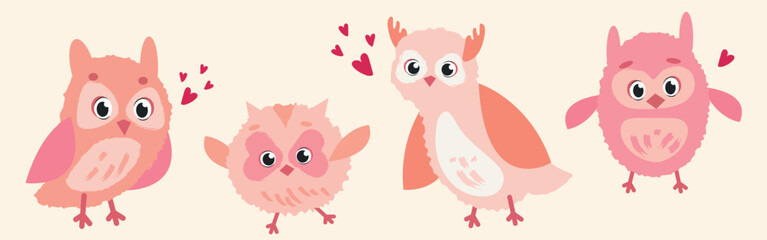 Cute owls. Collection of Cute Owlets, Colorful Adorable Owl Birds Vector Illustration on White Background