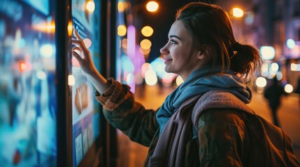 Young woman touching with finger sensitive screen of interactive kiosk for find information while standing on street in the night.