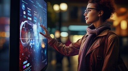 Young woman touching with finger sensitive screen of interactive kiosk for find information while standing on street in the night. - obrazy, fototapety, plakaty