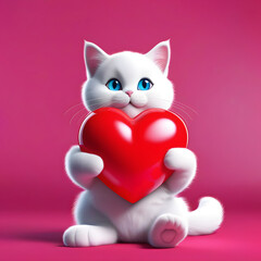 Funny white cat holds in its paws red air balloon in the shape of a heart on light pink background. Valentine's day with pet. Festive card.