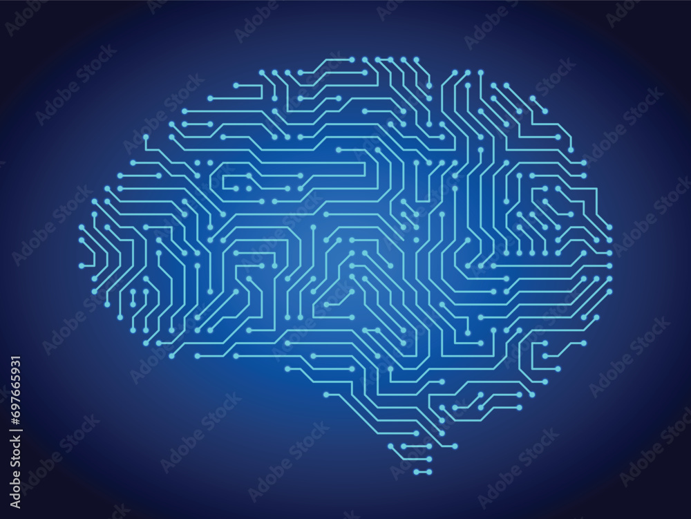 Poster circuit board brains. artificial intelligence microchip, ai chip and digital brain processor vector 