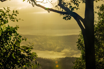 Fototapeta premium Natural wallpapers (mountains, morning light, fog, trees) scattered around, Lanscape background of fresh air and fresh air.