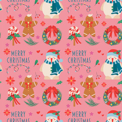 Christmas pattern with toy, snowman, text, wreath with bow, gingerbread, lollipop, garland.