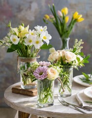 Beautiful spring flowers bouquets in glass vases on festive table